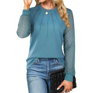 Women's Waffle Knit Tops Dressy Business Casual Blouses Lace Long Sleeve Blue